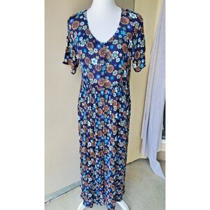 VTG Coocoon Rome Italy Maxi Dress Women XXS-XS Blue Floral Gauzy Tie Vibrant